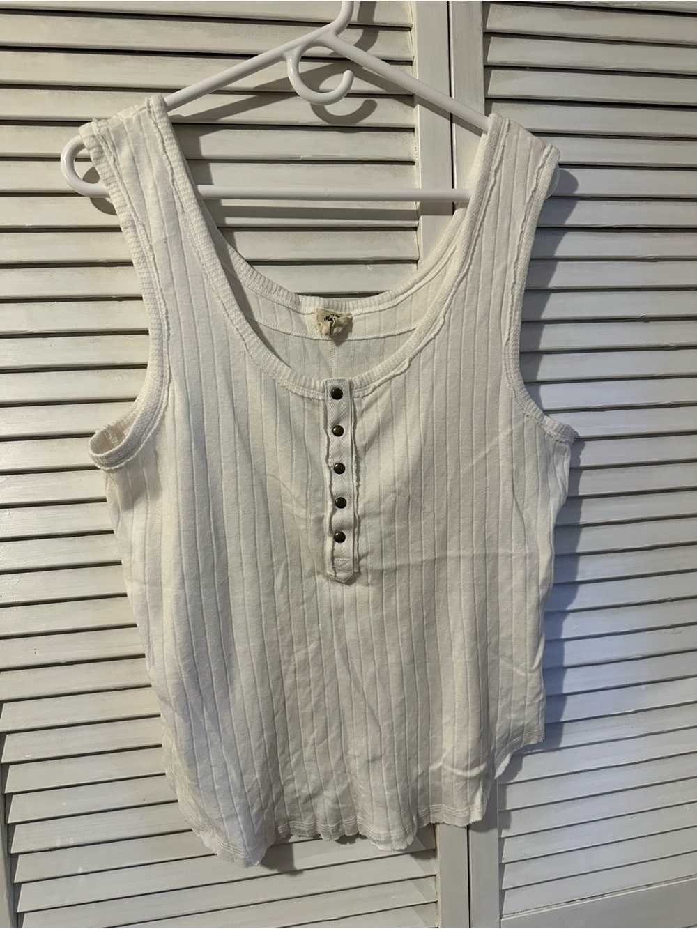 Free People White Ribbed Henley Tank with Snap Placket
